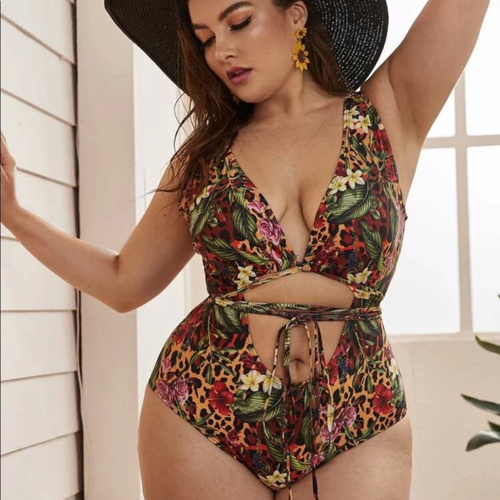 Shein leopard and floral backless 1pc swimsuit 3X